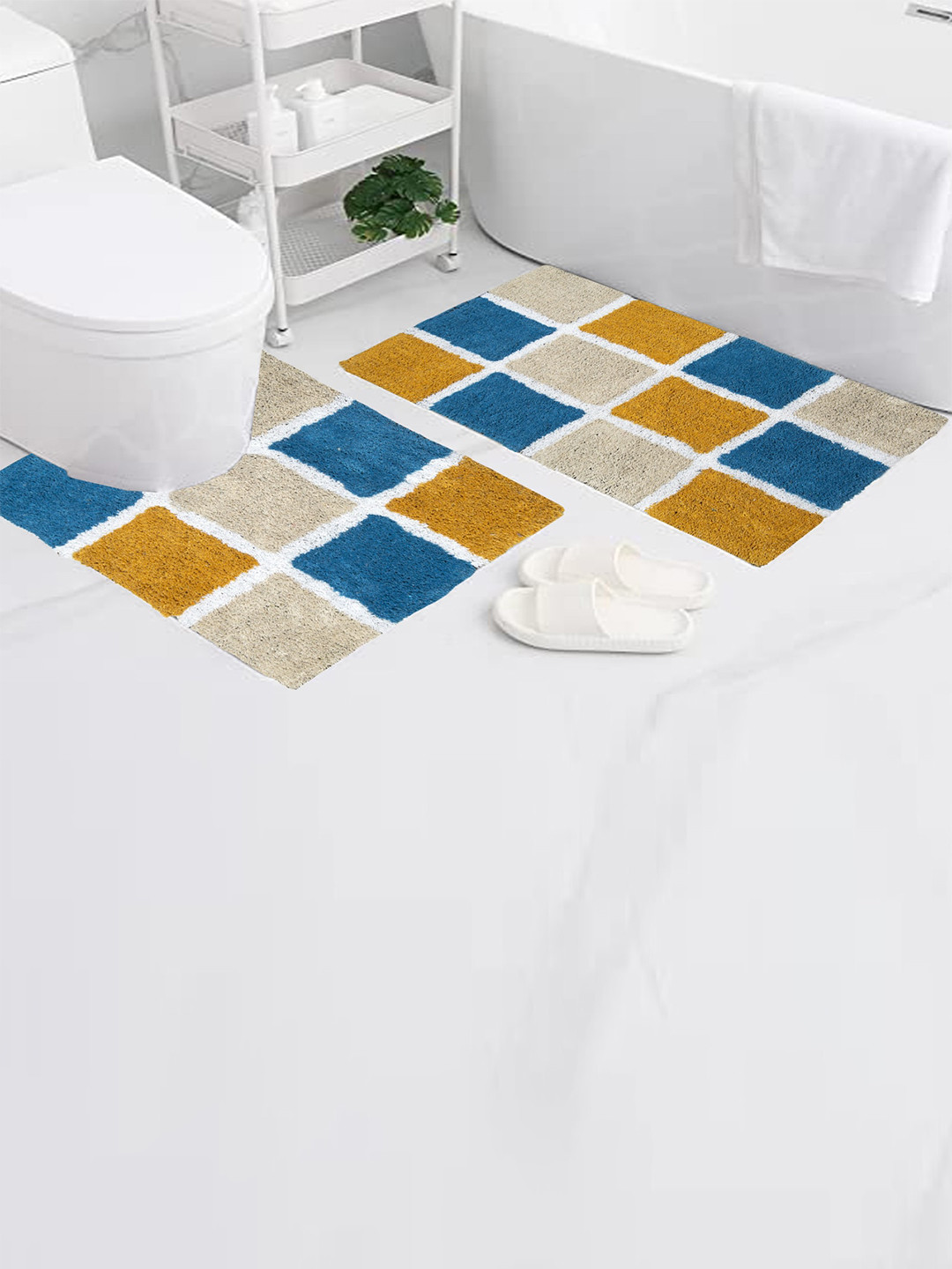 AAZEEM Yellow & Blue Set of 2 Anti Skid 1400 Gsm Bath Rugs