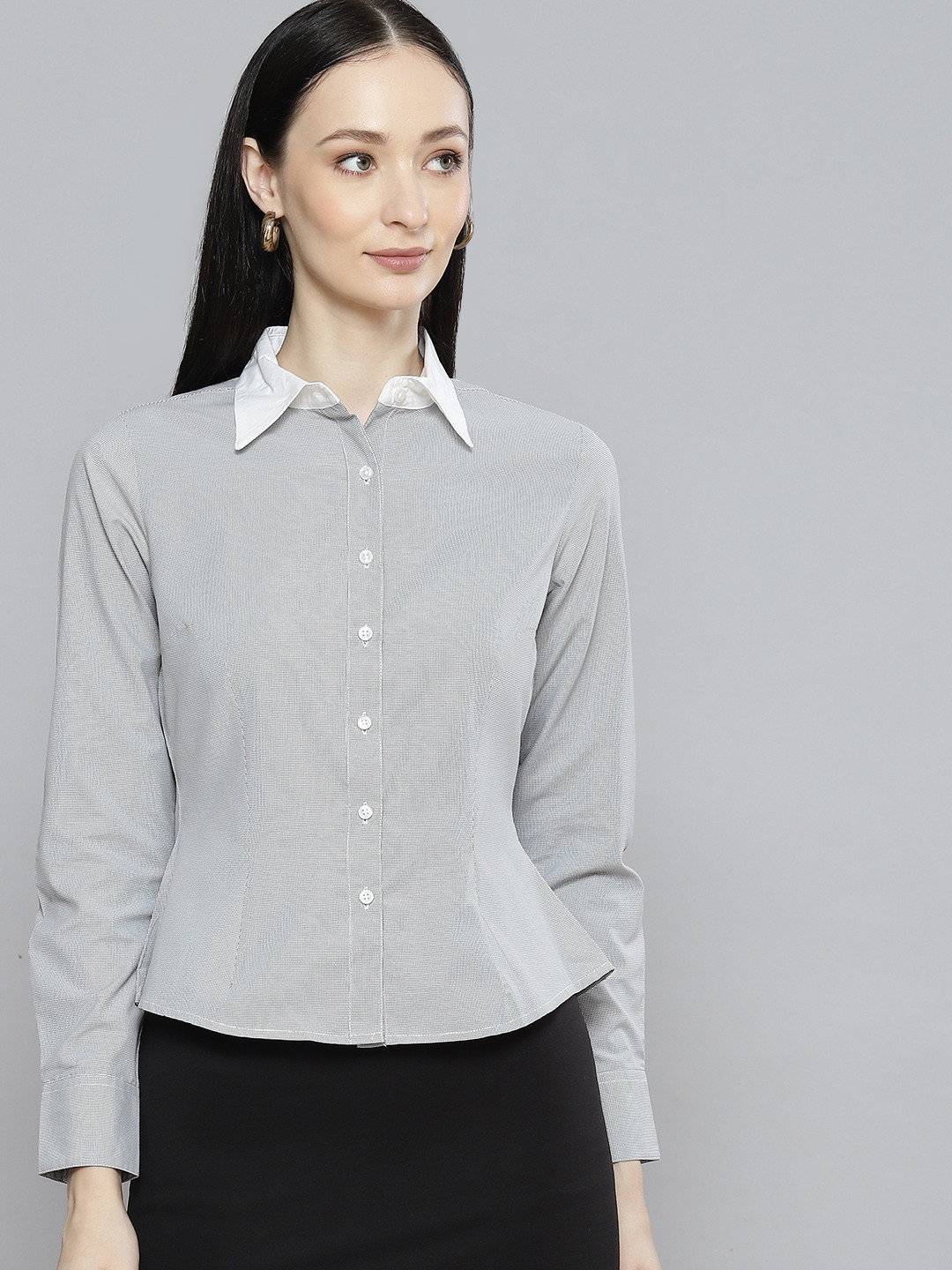 DENNISON Women Grey Smart Slim Fit Micro Checks Checked Formal Shirt