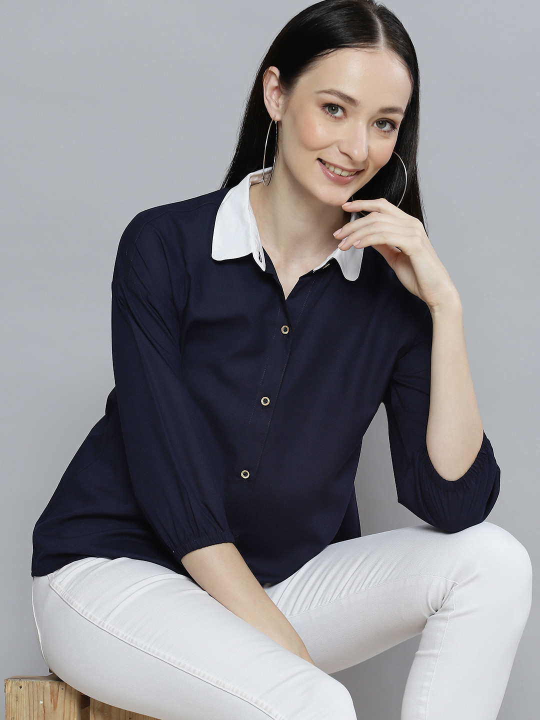 DENNISON Women Navy Blue Solid Smart Casual Shirt