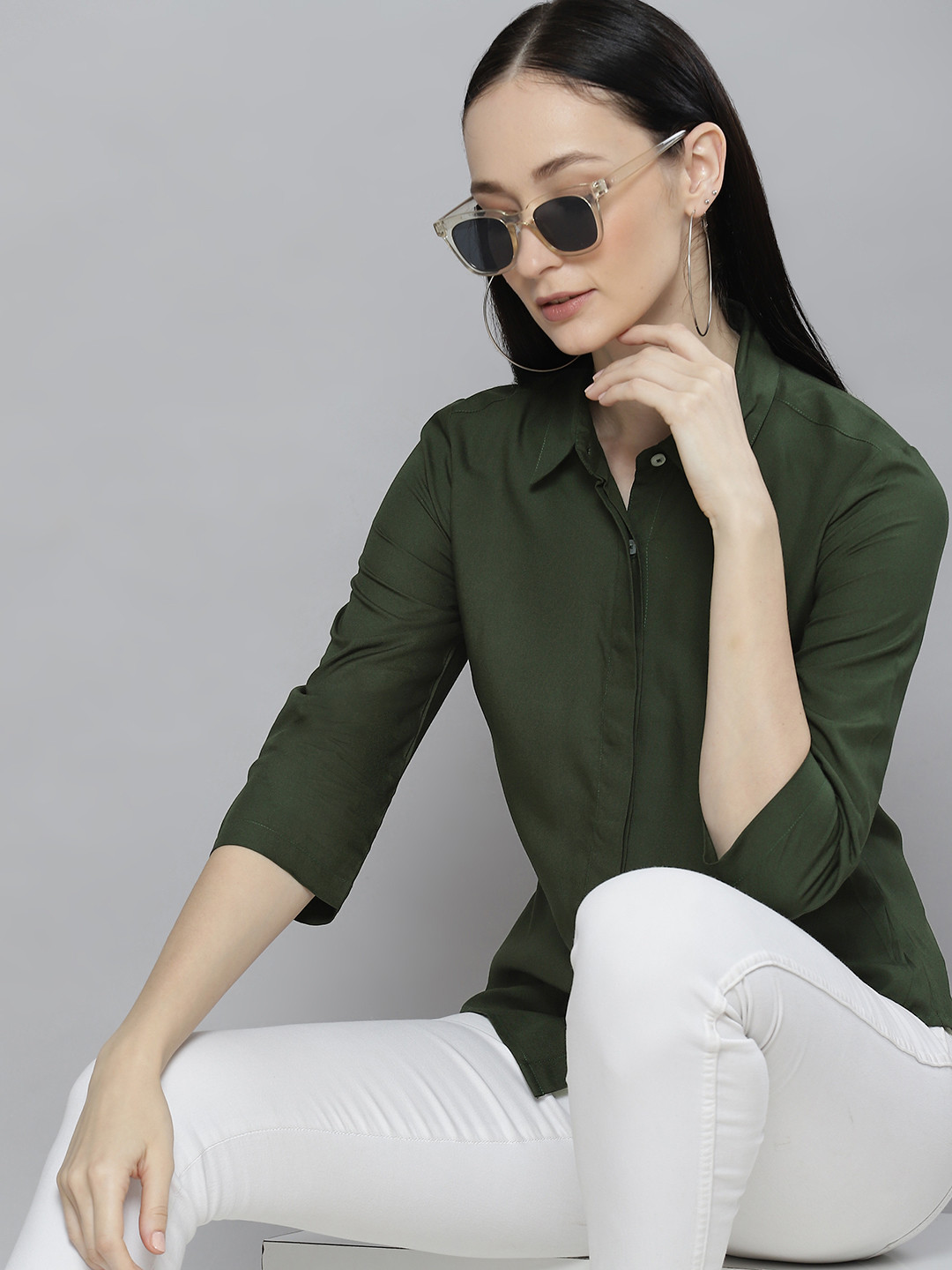 DENNISON Women Olive Green Solid Smart Slim Fit Casual Shirt