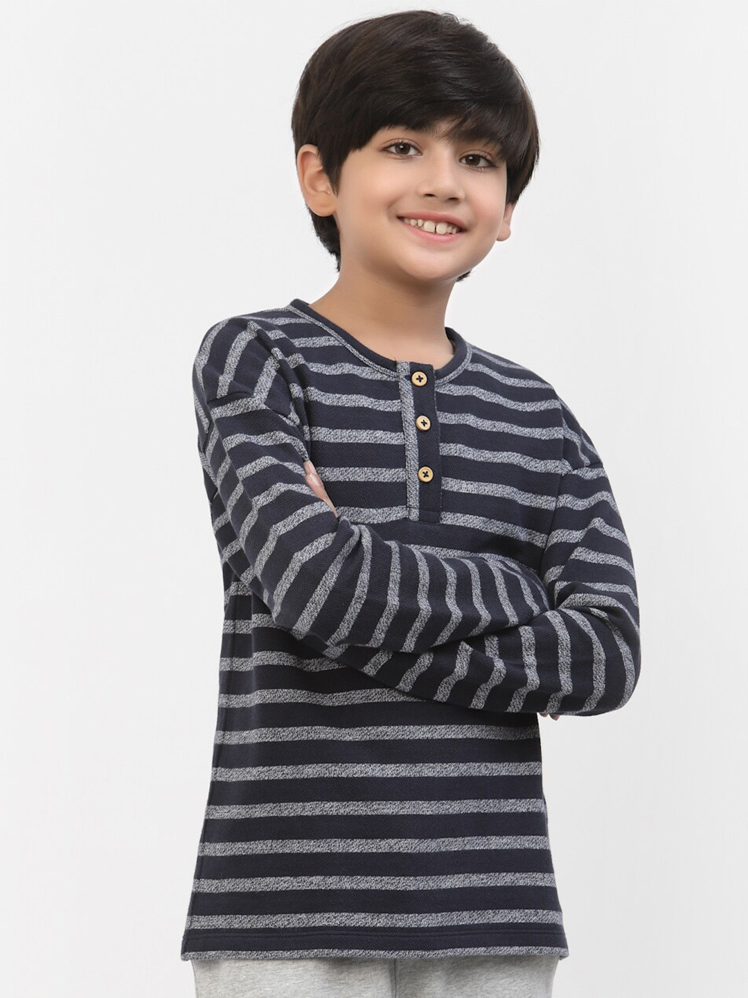 SPUNKIES Boys Striped Henley Neck Organic Cotton T-shirt