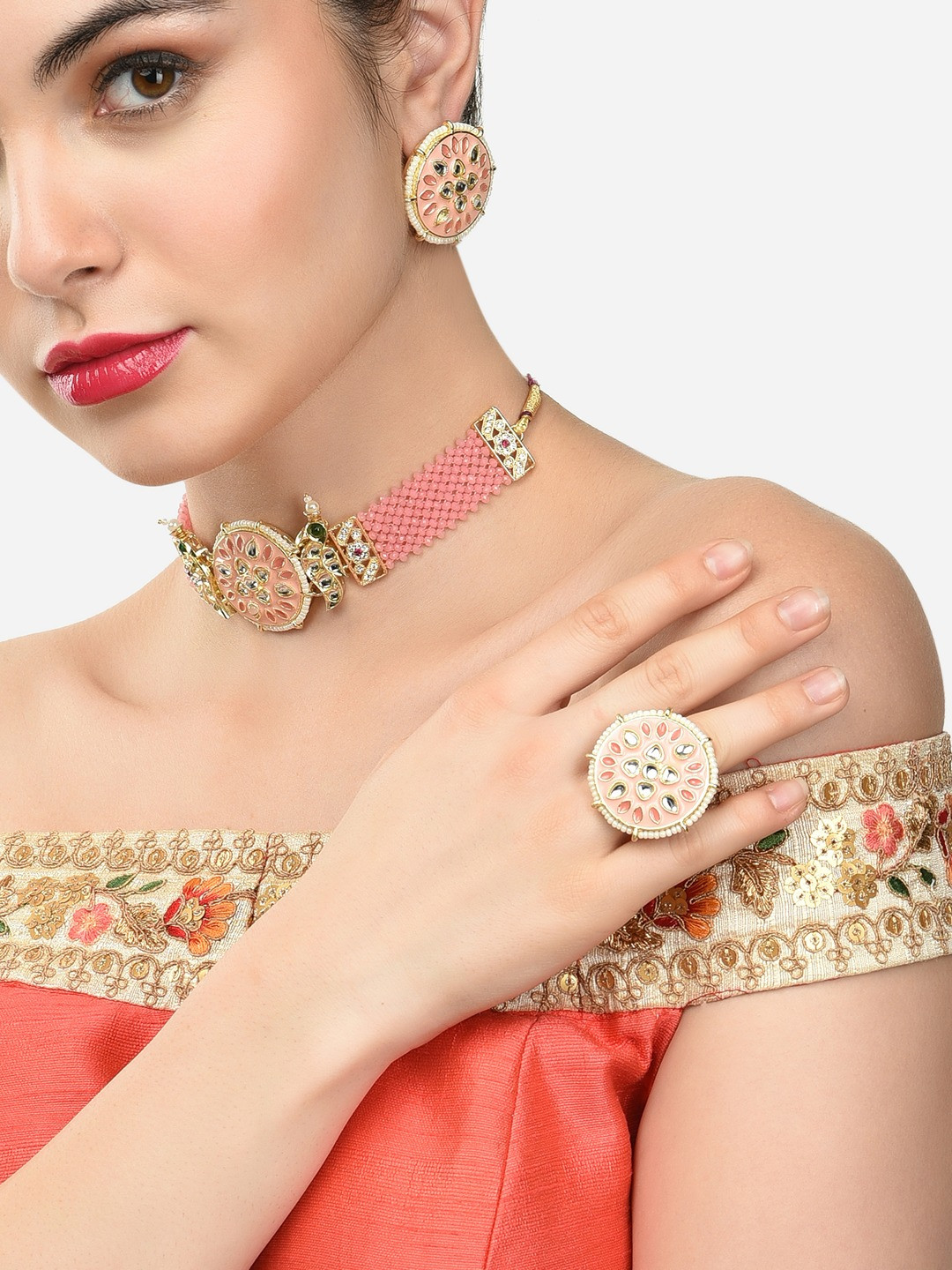 Zaveri Pearls Gold-Plated Kundan & Crystals Studded & Beaded Meenakari Jewellery Set