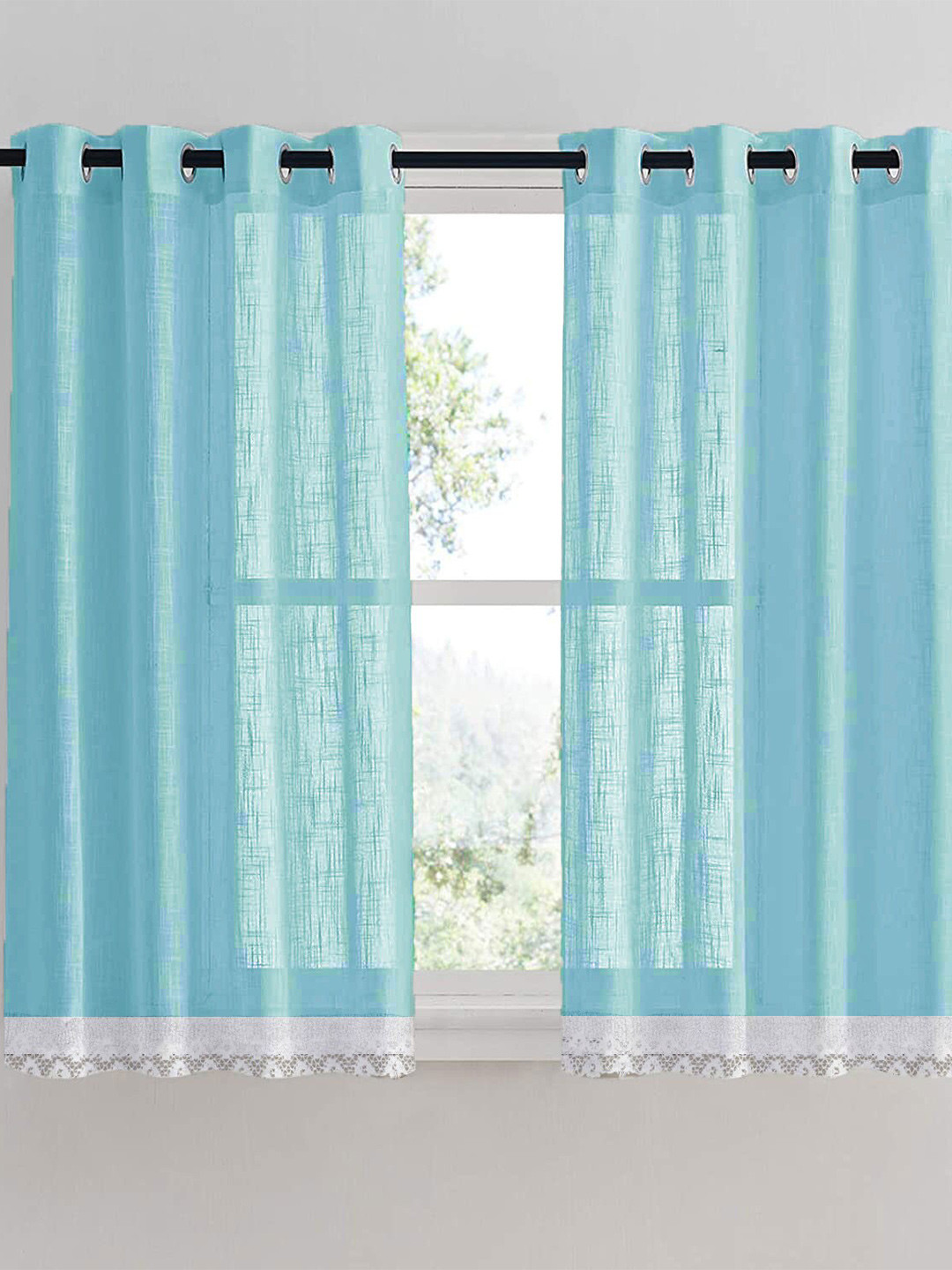HOMEMONDE Turquoise Blue Striped Sheer Set Of 2 Window Curtain