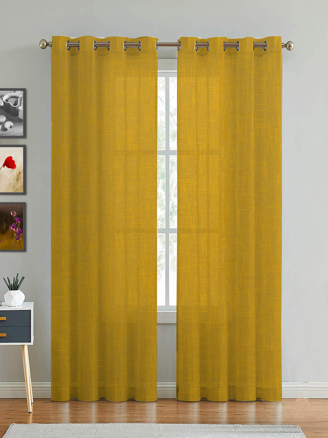 HOMEMONDE Set Of 2 Yellow Solid Cotton Sheer Door Curtains