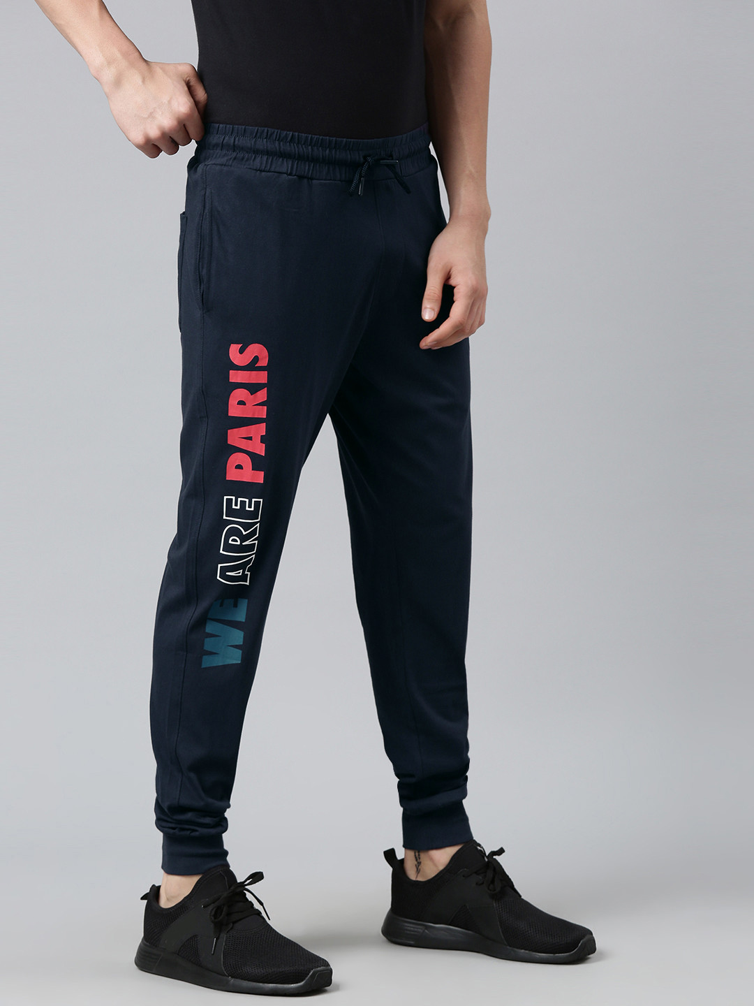 PSG Men Navy Blue Pure Cotton Paris Saint-Germain Printed Football Joggers