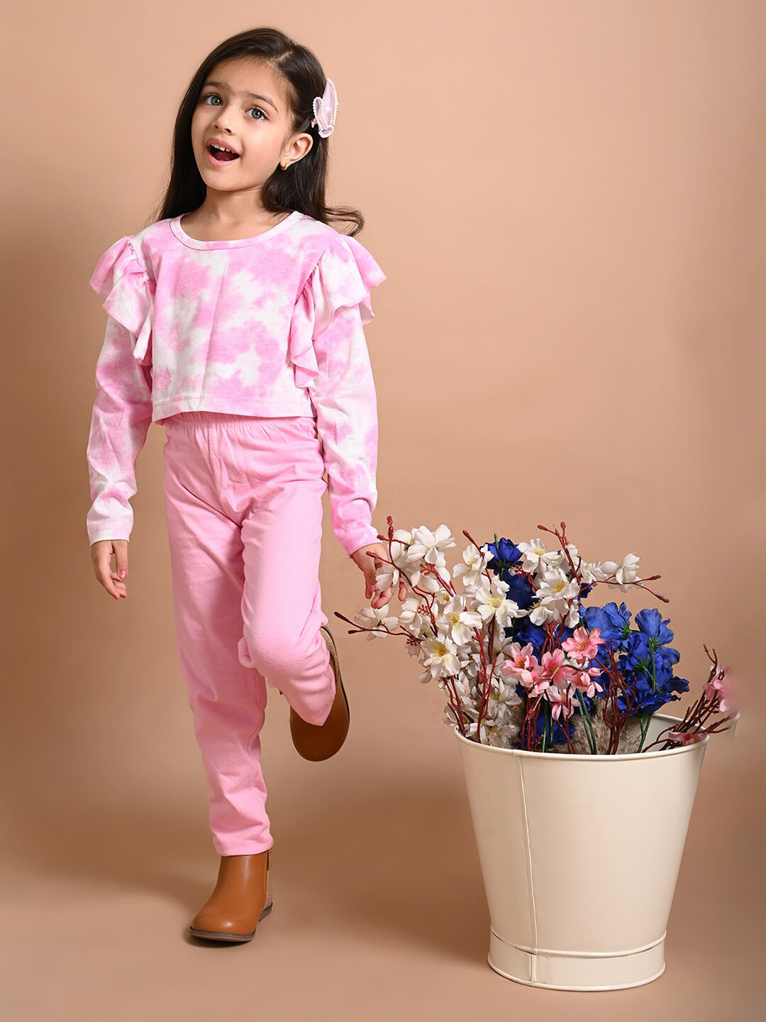 LilPicks Girls Pink & White Printed Top with Legging
