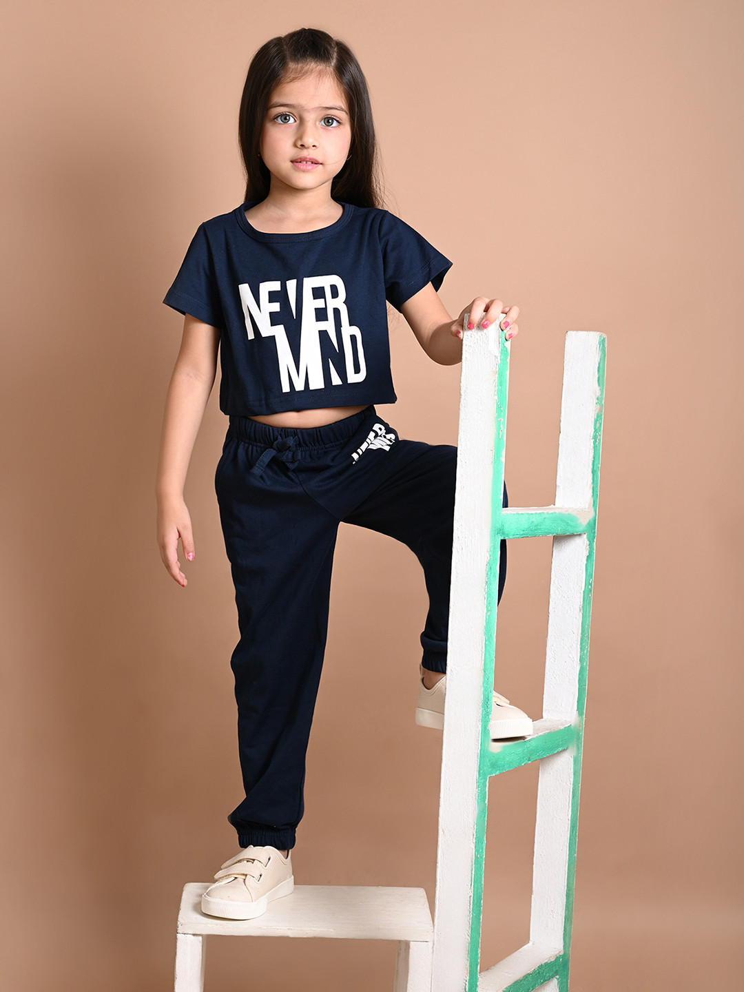 LilPicks Girls Navy Blue & White Printed Crop Top with Jogger