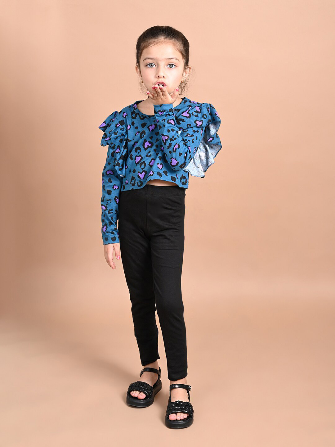 LilPicks Girls Blue & Black Printed Top with Legging