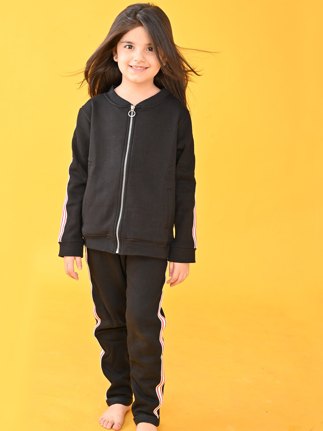 Anthrilo Girls Black Fleece Zip Up Fleece Sweatshirt & Jogger Set
