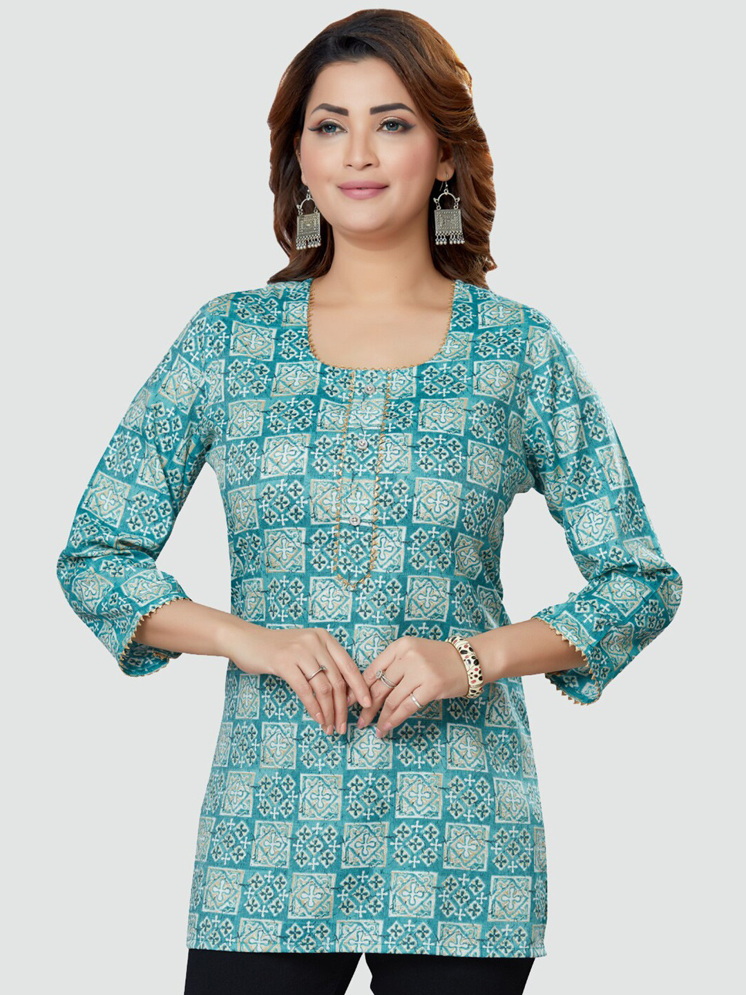 Saree Swarg Blue & White Ethnic Motifs Printed Kurti
