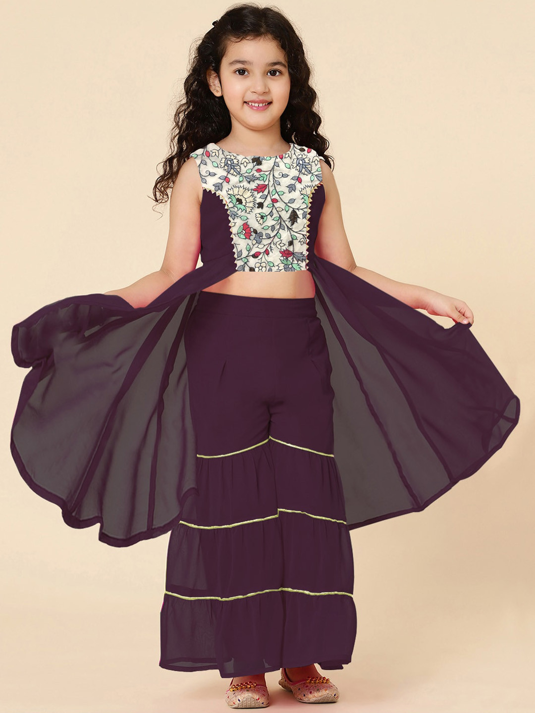 A T U N Girls Burgundy Floral Embroidered Panelled Kurta with Sharara