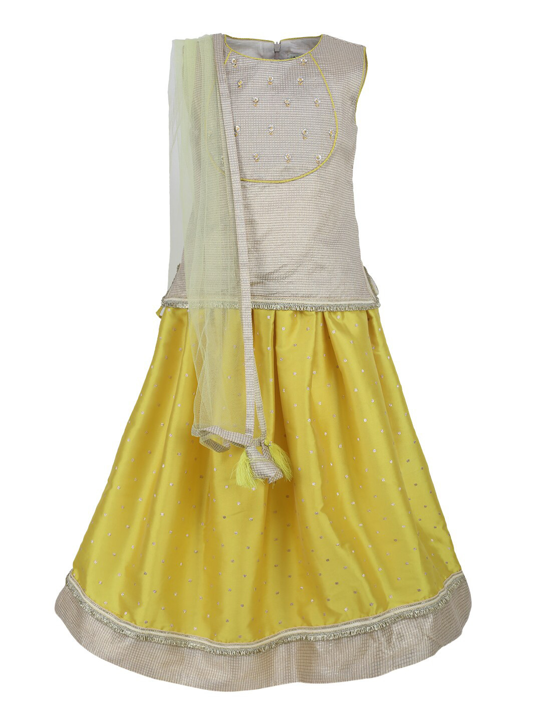 A Little Fable Girls Grey & Yellow Ready to Wear Lehenga & Blouse With Dupatta