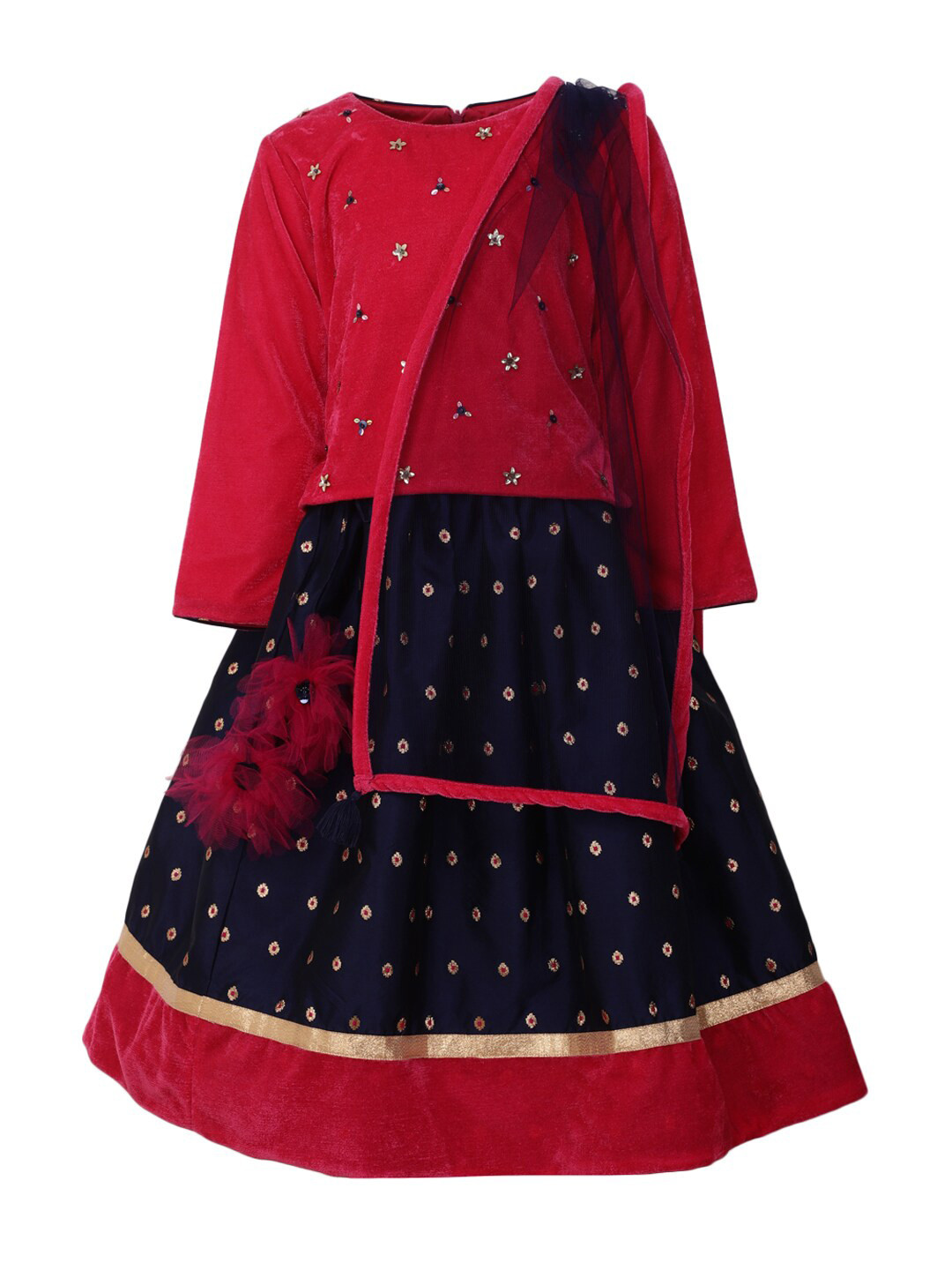 A Little Fable Girls Red & Blue Embellished Ready to Wear Lehenga & Blouse With Dupatta