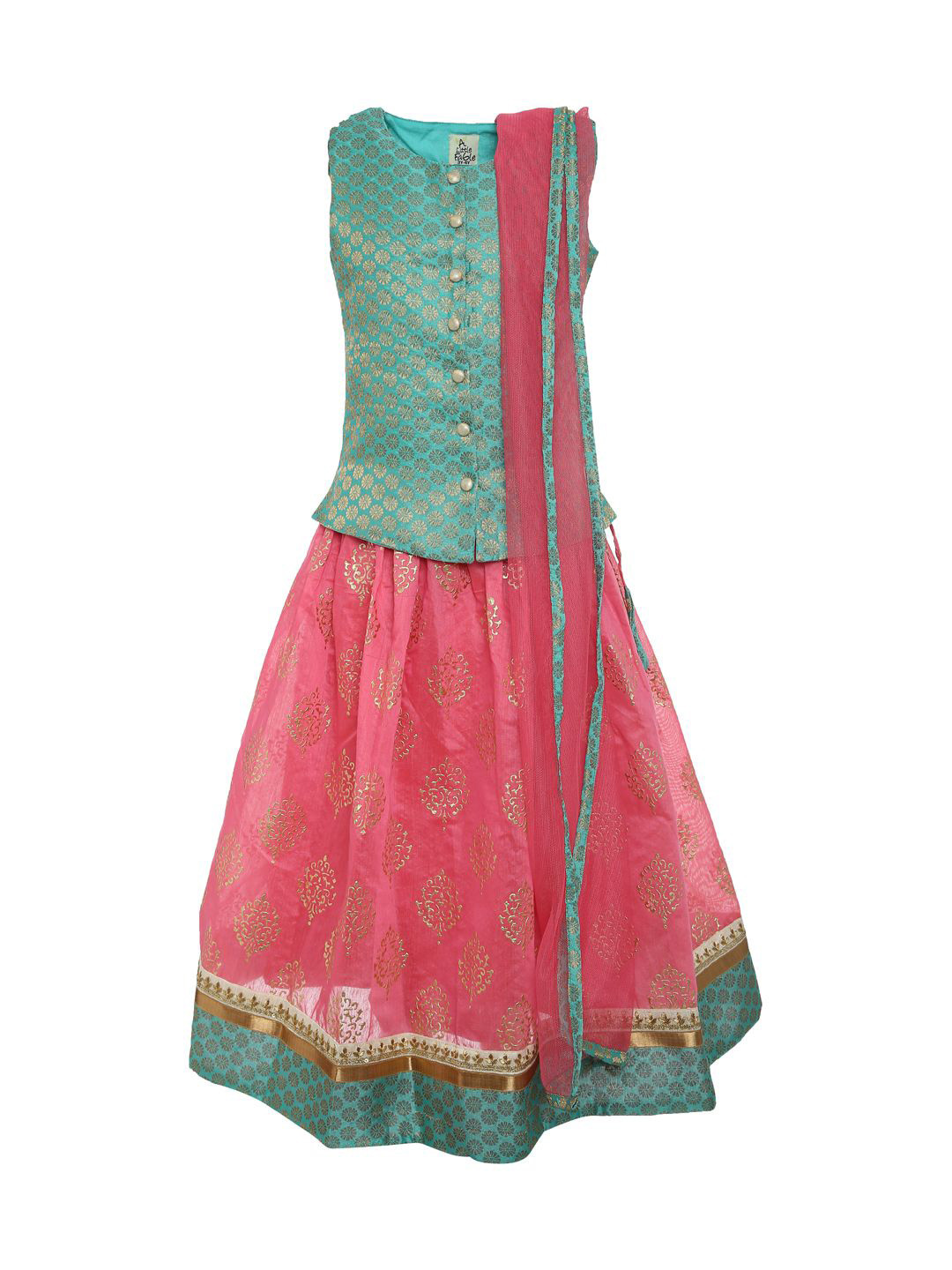 A Little Fable Girls Sea Green & Pink Ready to Wear Lehenga & Blouse With Dupatta