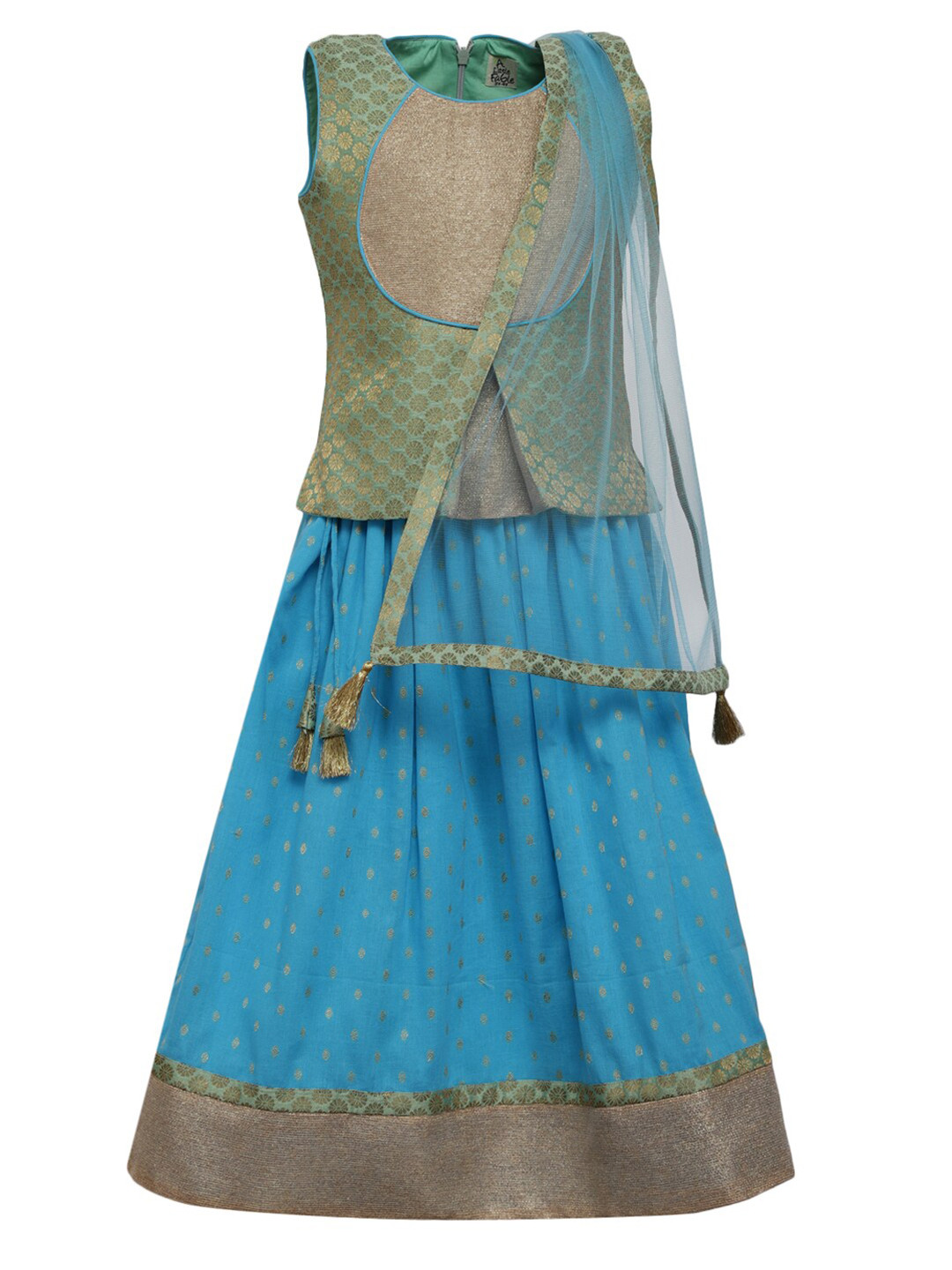 A Little Fable Kids Girls Green And Blue Woven Design Lehenga And Blouse With Dupatta