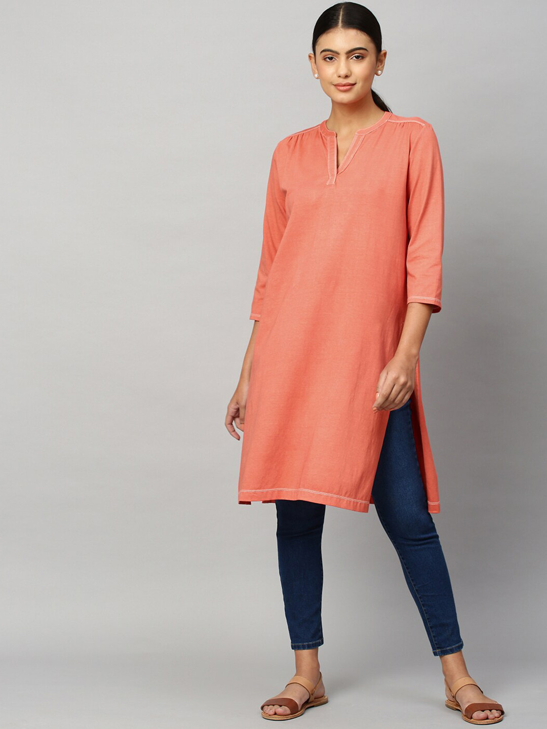 Modern Indian by CHEMISTRY Women Peach-Coloured Solid Thread Work Cotton Kurta