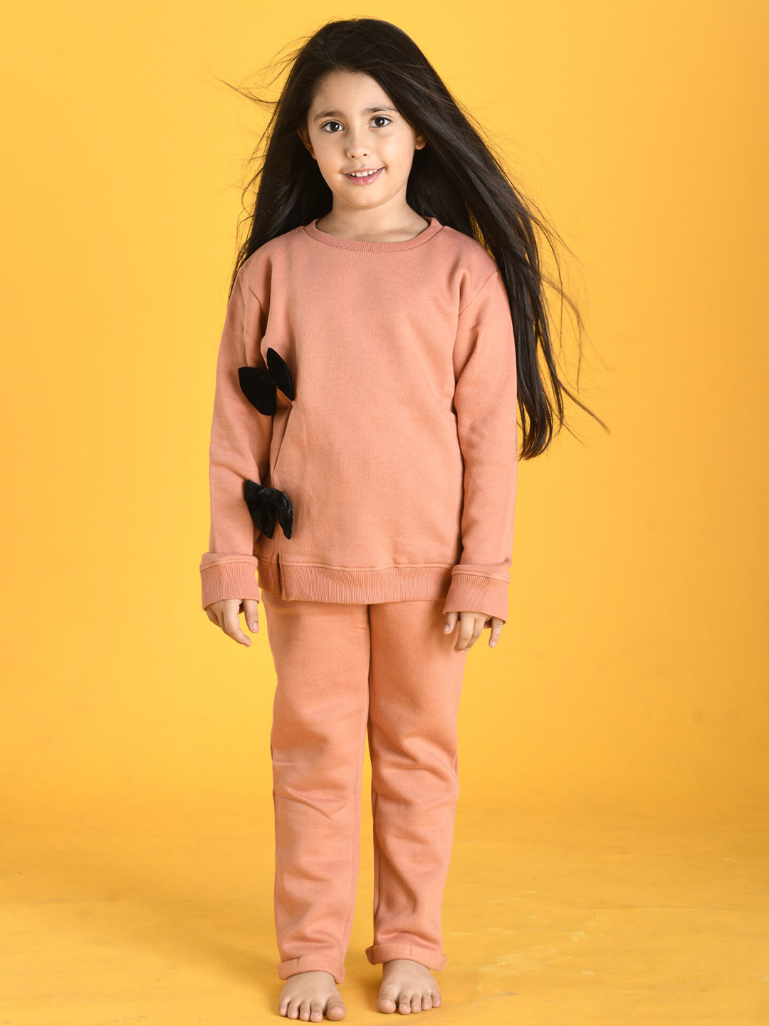 Anthrilo Girls Brown Sand Bow Fleece Sweatshirt & Joggers Set