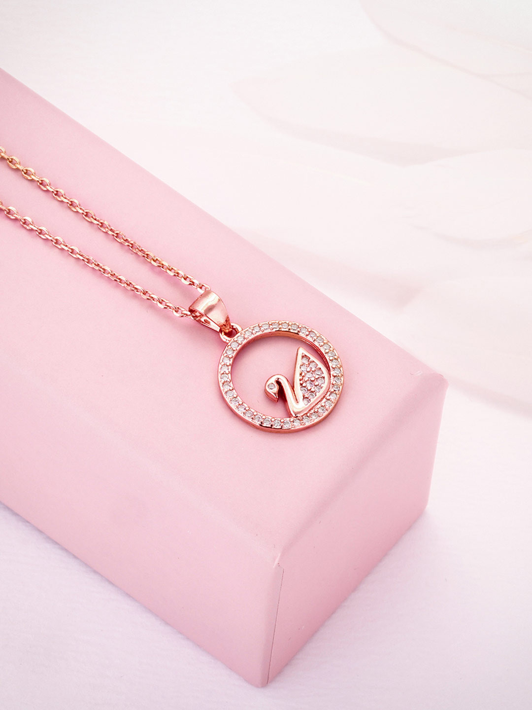 GIVA 925 Sterling Silver Rose Gold Plated CZ-Studded Elegant Swan Pendant With Link Chain