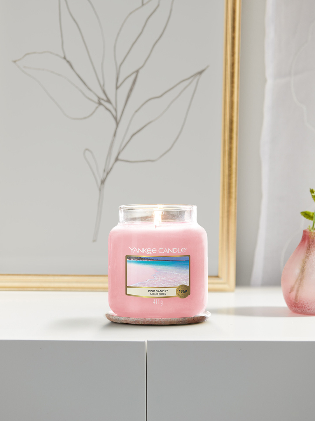 YANKEE CANDLE Pink Sand Scented 1 Wick Pink Sands Solid Geometric Regular Jar Candles