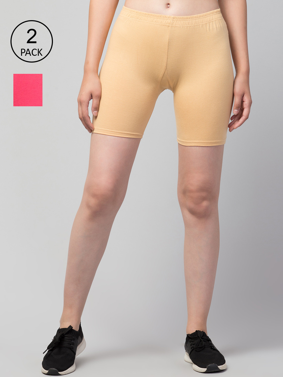 Apraa & Parma Women Cream & Pink Pack Of 2 Skinny Fit Cycling Pure Cotton Shorts