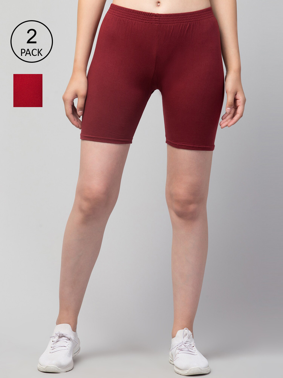 Apraa & Parma Women Maroon & Red Pack Of 2 Skinny Fit Cycling Pure Cotton Shorts