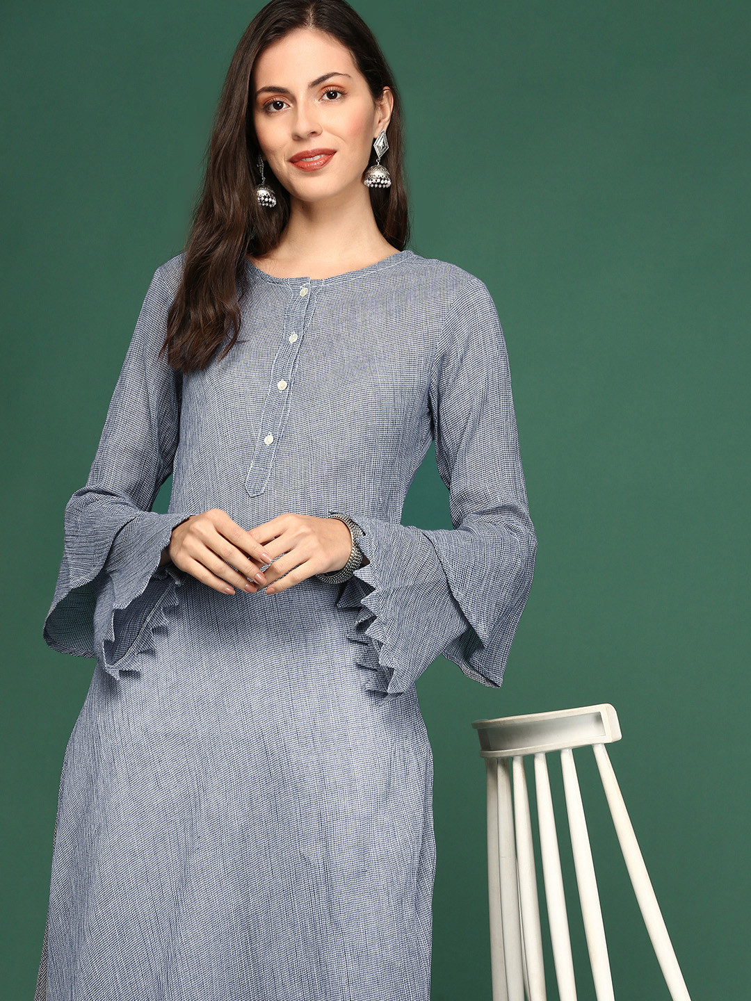 SHOWOFF Women Blue & Grey Calf Length Woven Design Bell Sleeves Round Neck A-Line Kurta
