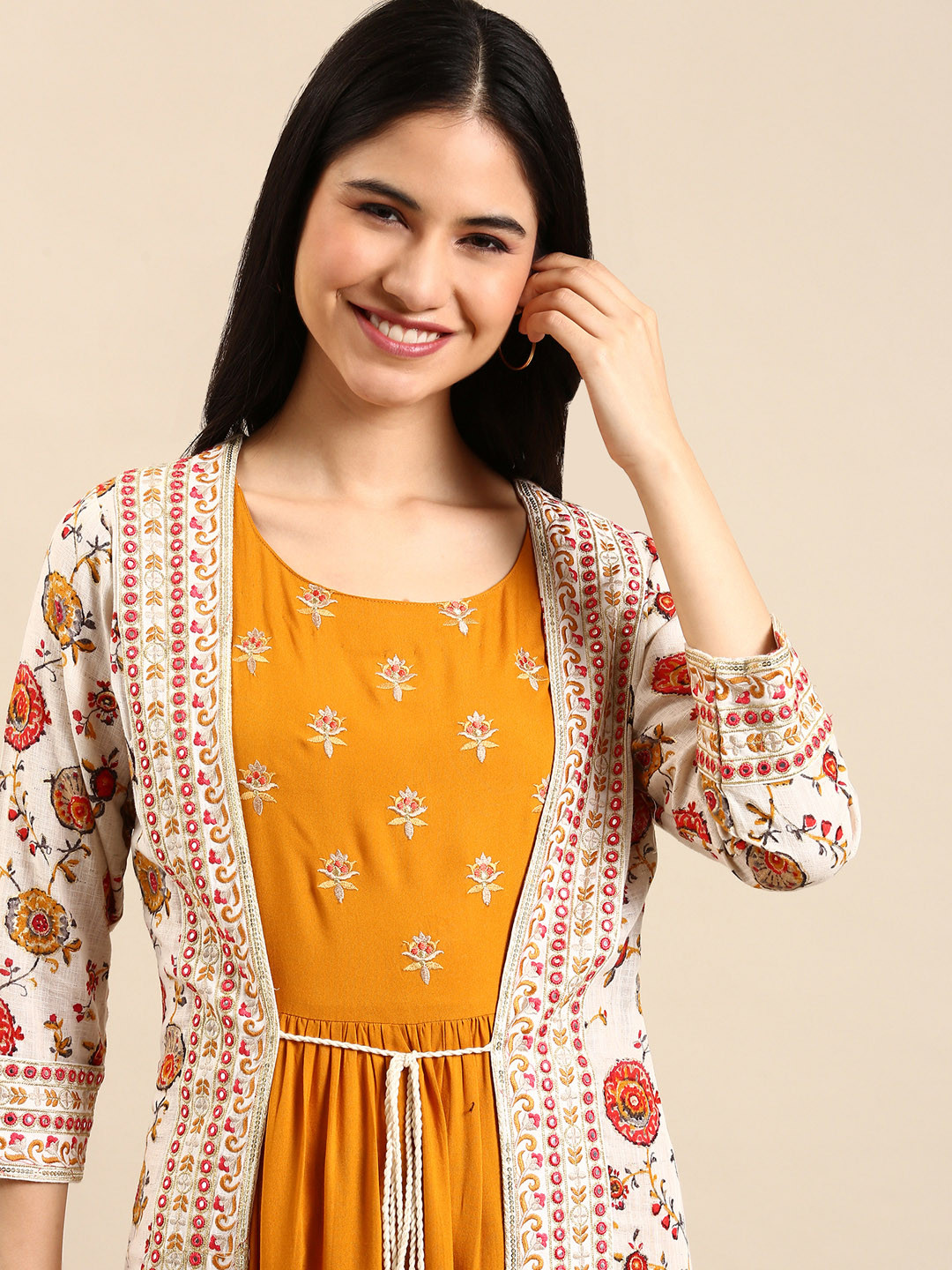 SHOWOFF Women Mustard Yellow Solid Thread work Anarkali Kurta
