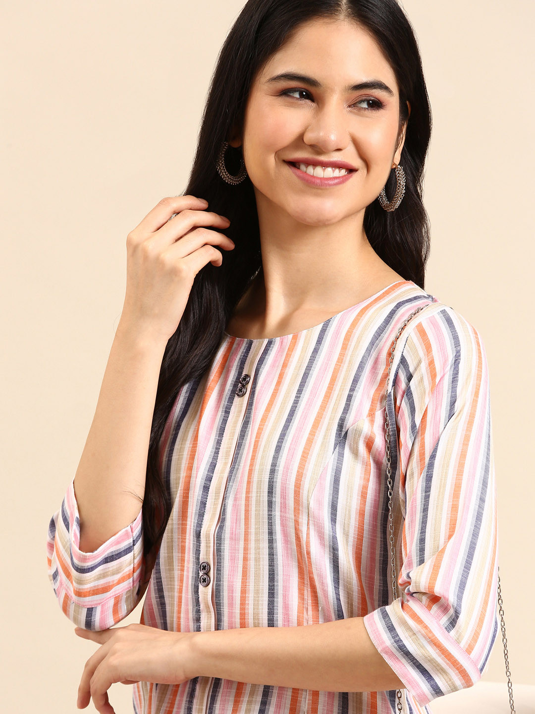 SHOWOFF Women White & Pink Calf Length Striped Woven Design Kurta