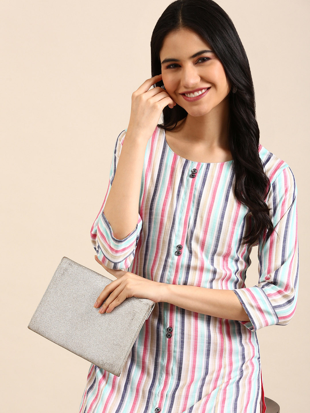 SHOWOFF Women Navy Blue & Pink Printed Pastels Kurta