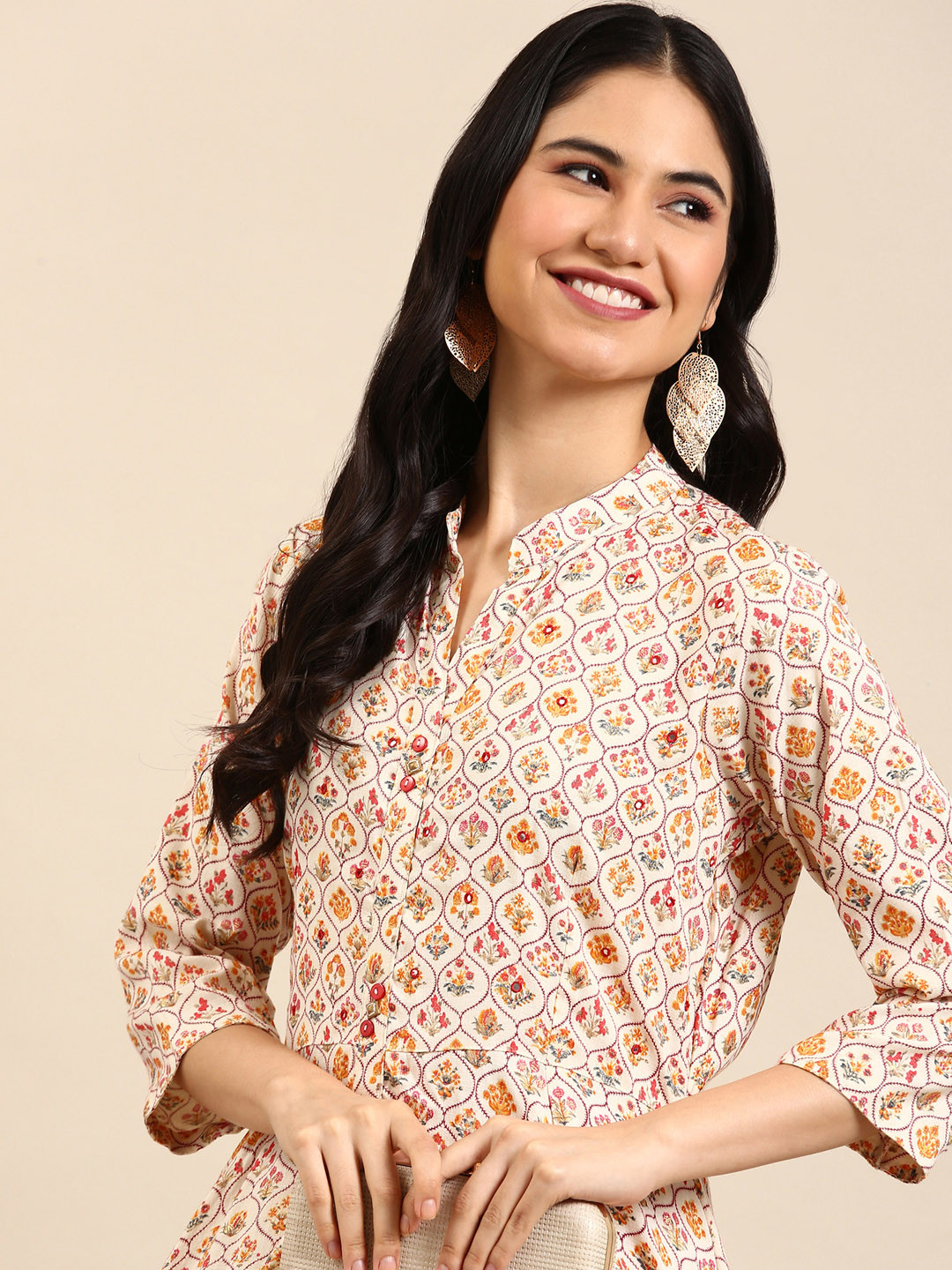 SHOWOFF Women Cream-Colored & Red Floral Printed Mirror Work Cotton Anarkali Kurta