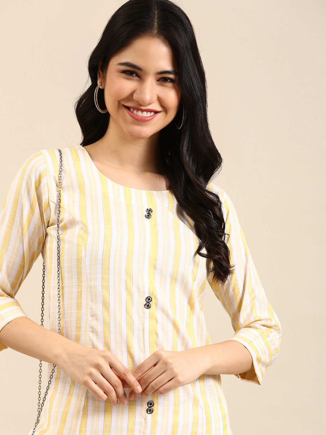 SHOWOFFFF Women Yellow Striped Thread Work Kurta