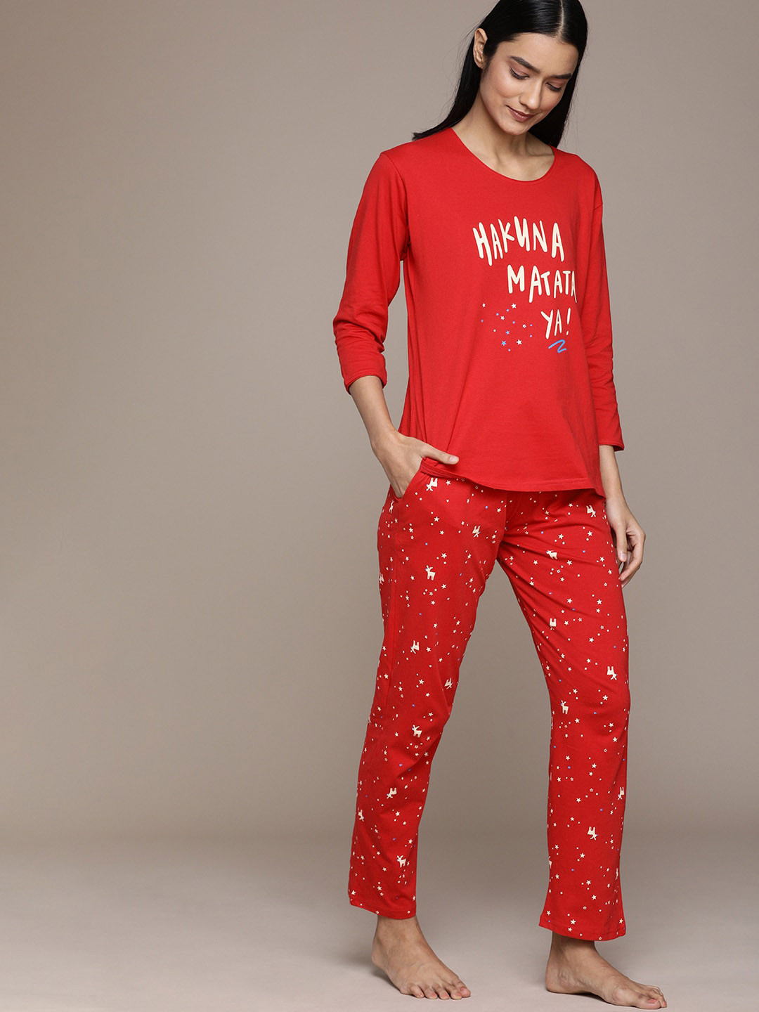 beebelle Women Red & Off White Cotton Star Printed Night suit BB_WNSFS_1033_RD