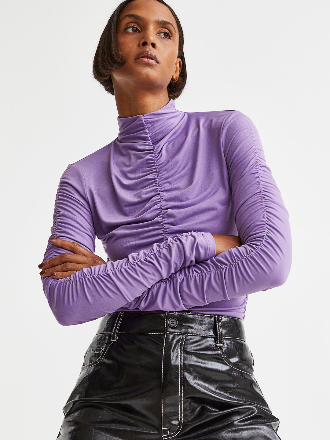 H&M Purple Solid Turtle Neck Gathered Top