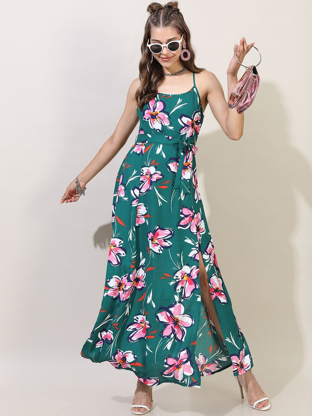 Tokyo Talkies Teal Green & Pink Floral A-Line Maxi Dress