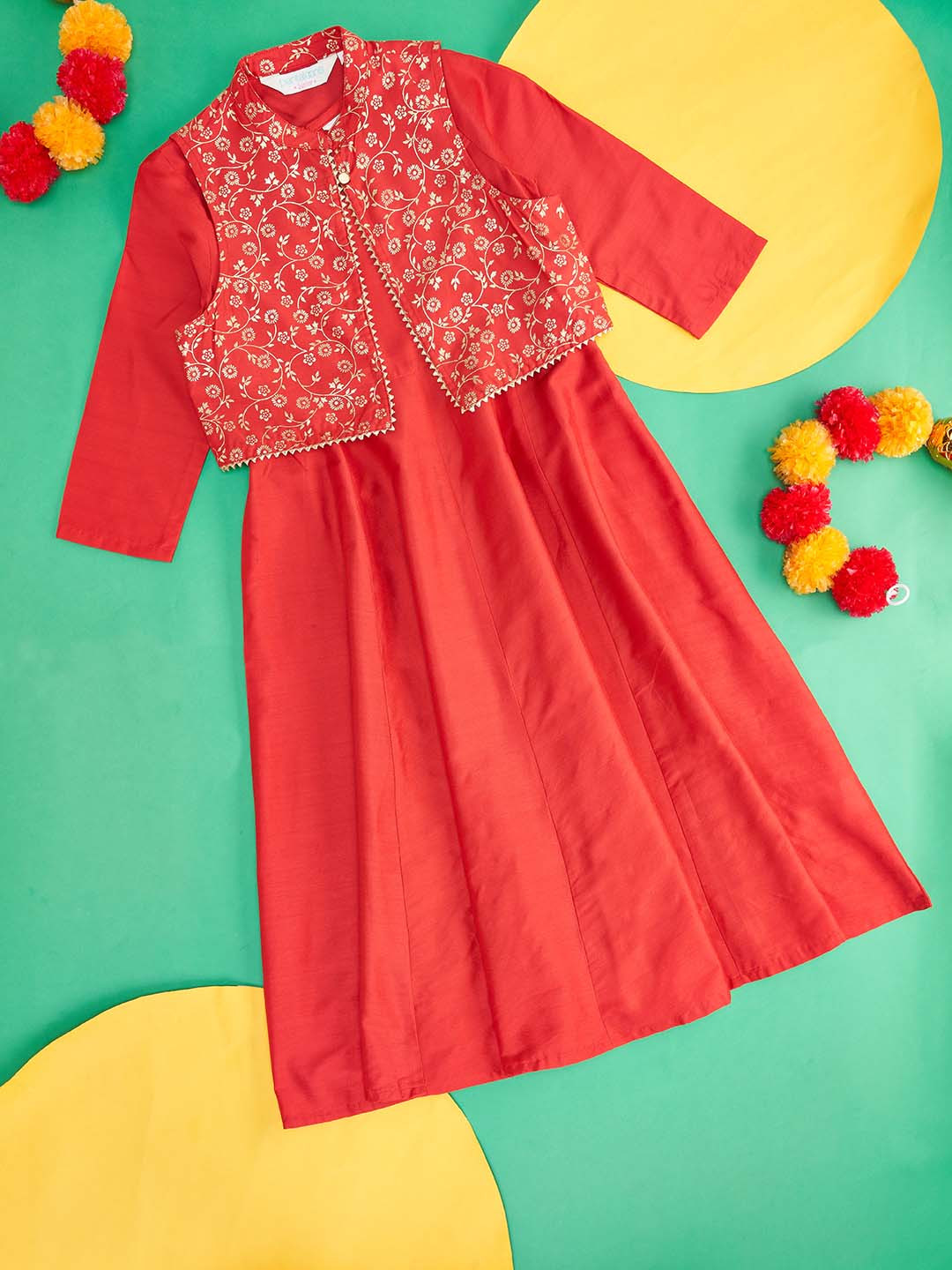 AKKRITI BY PANTALOONS Girls Red & Gold-Toned Fit & Flare Dress