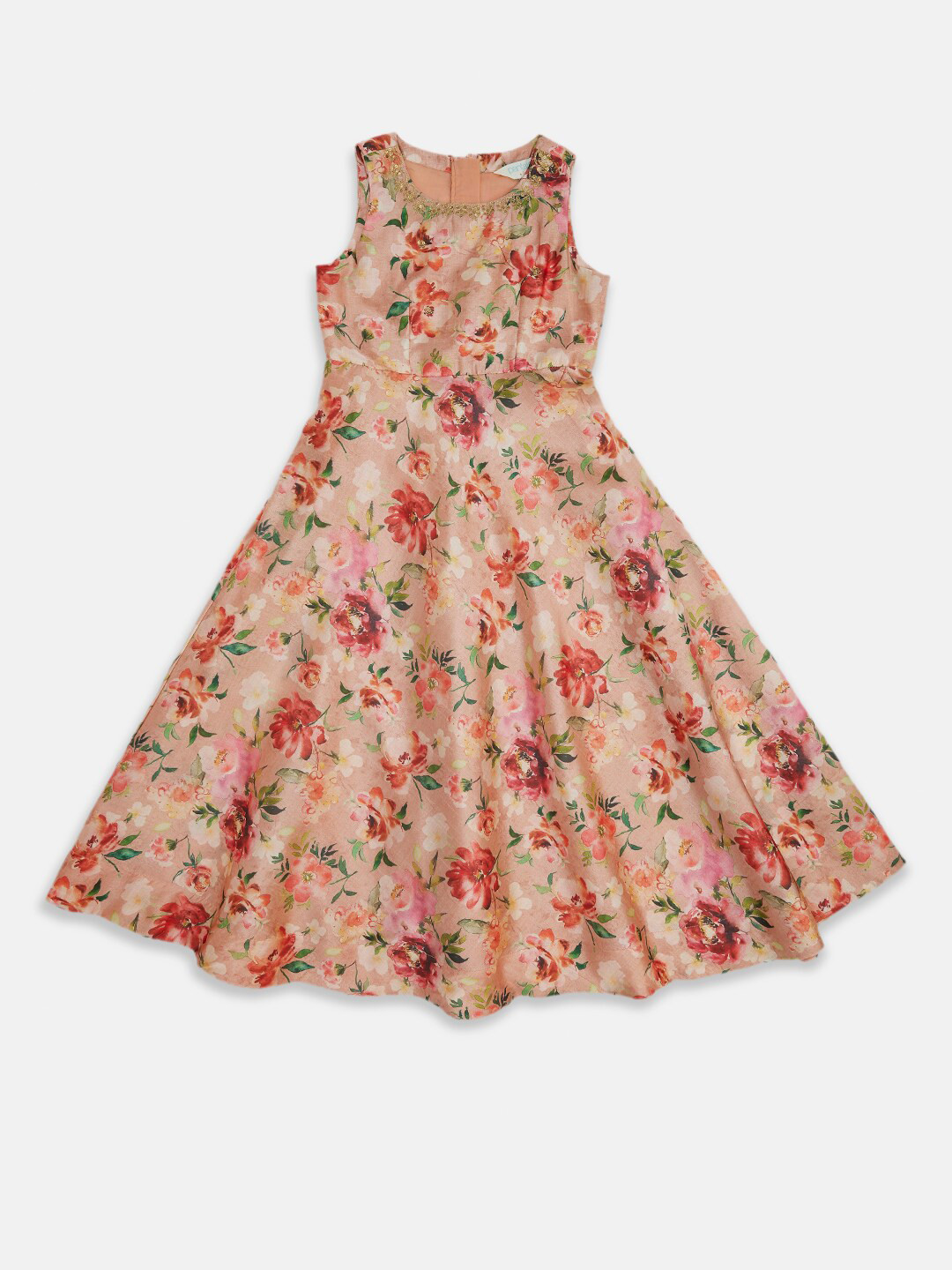 AKKRITI BY PANTALOONS Kids Girls Coral Floral Print Sleeveless Maxi Dress