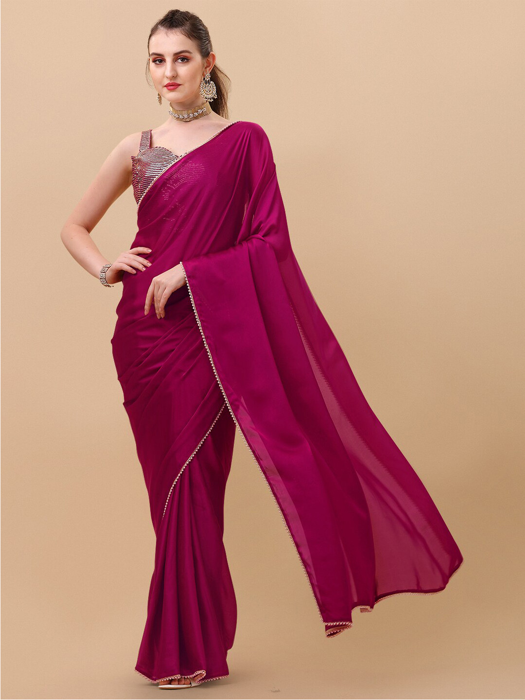 Sangria Beads and Stones Satin Saree
