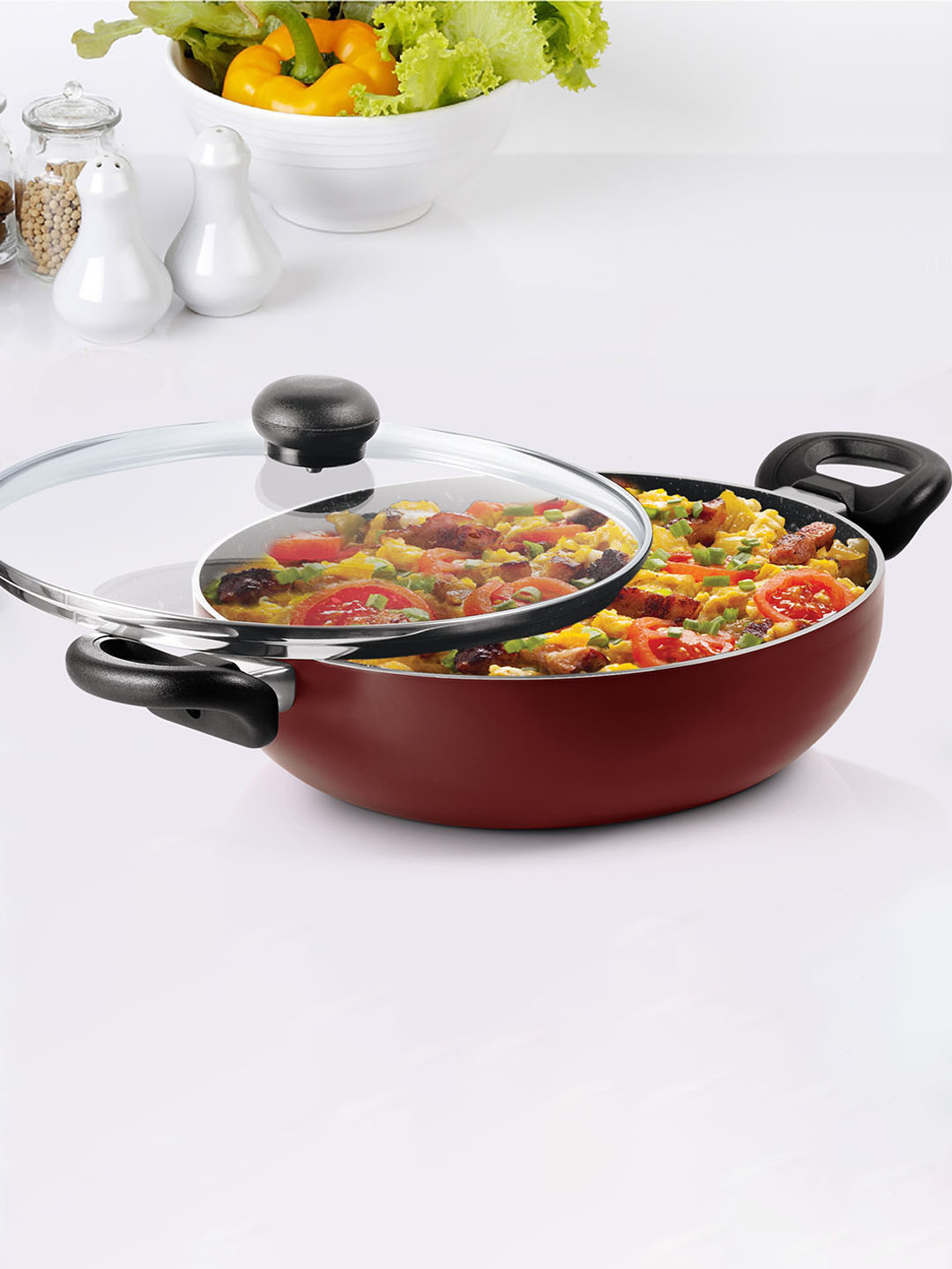 Milton Set of 2 Burgundy Pro Cook New My Kitchen Fry Pan 24 cm & Kadhai 24 cm
