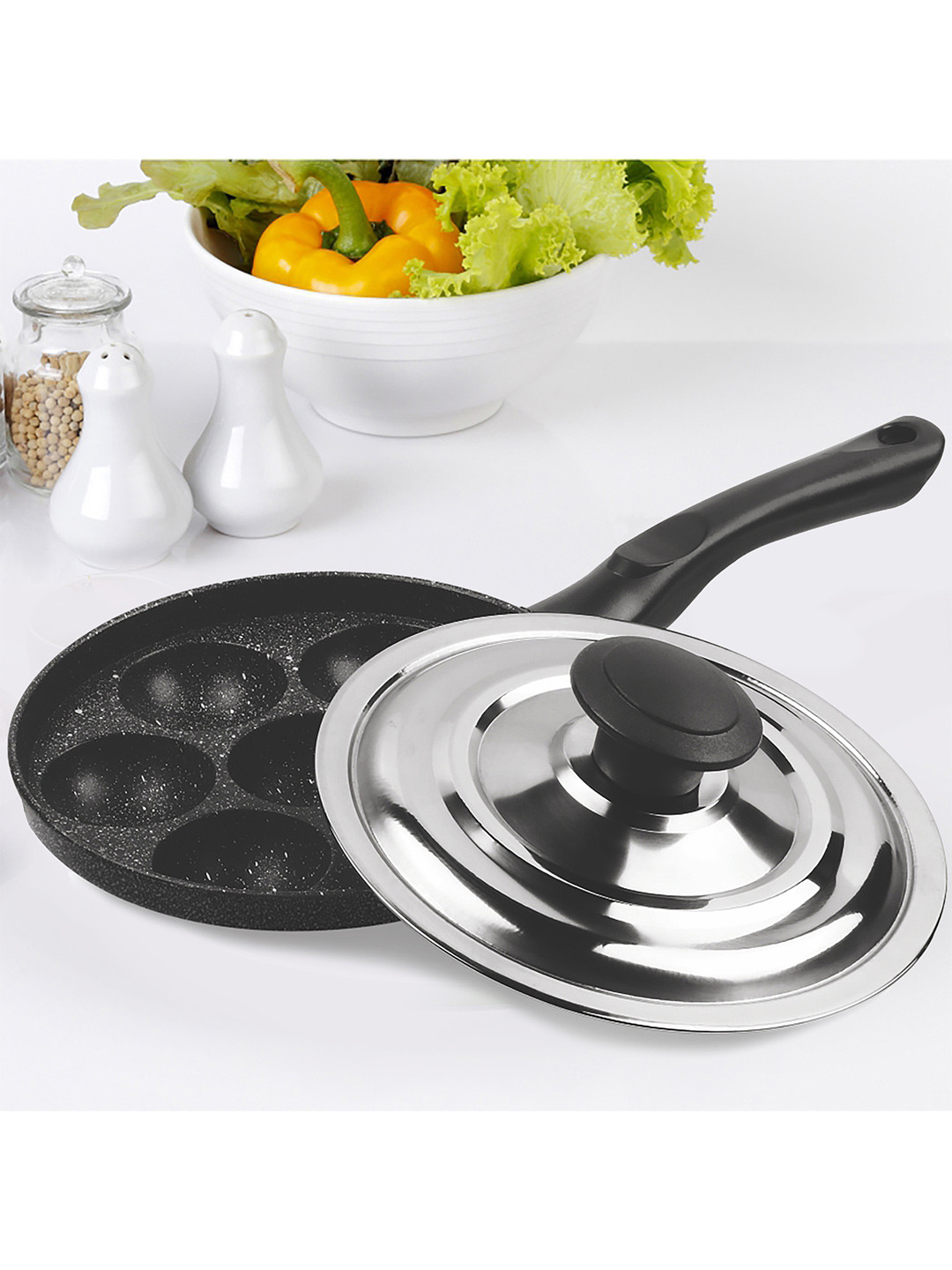 Milton Black Pro Cook Granito Non Induction Appam Patra 7 Pit With Stainless Steel Lid