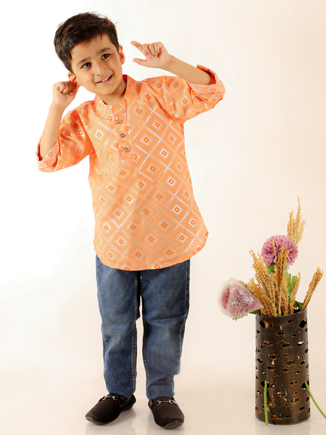 Superminis Boys Printed Peach-Coloured Geometric Striped Cotton Kurta