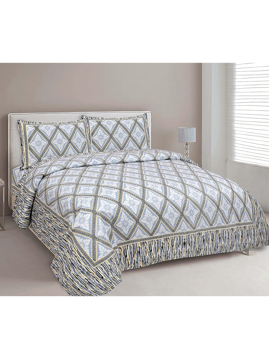 EasyGoods Traditional Blue Ethnic Motifs Pure Cotton Breathable 240 TC King Fine Bedsheet with 2 Pillow Covers-108 x 108 inches