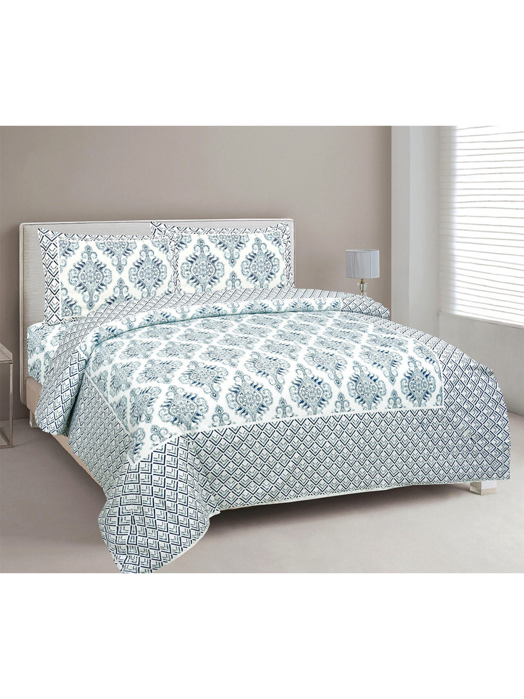 EasyGoods Traditional White Ethnic Motifs Pure Cotton 240 TC King Fine Bedsheet with 2 Pillow Covers-108 x 108 inches