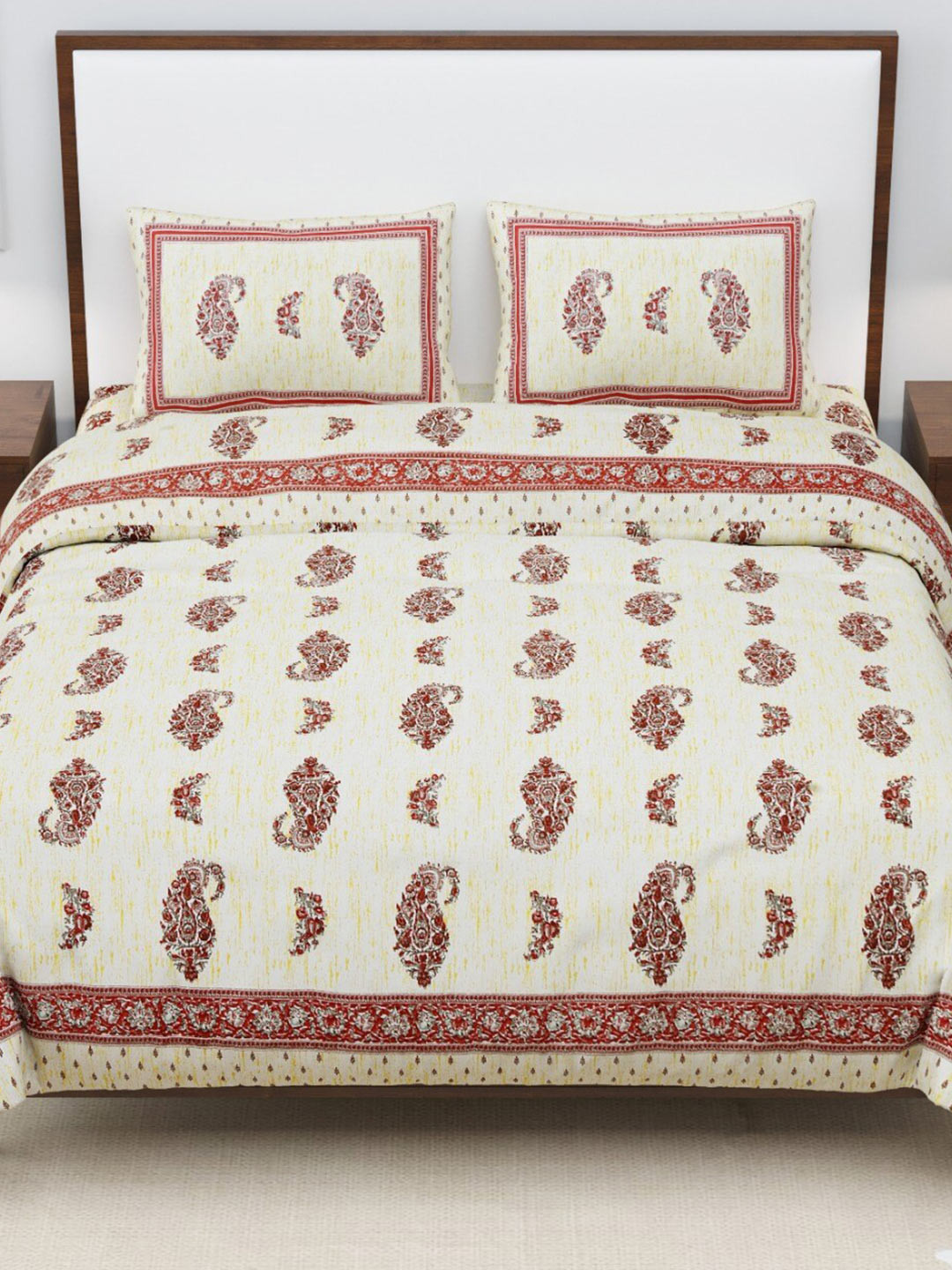 EasyGoods Yellow Paisley Cotton 240 TC King Fine Bedsheet with 2 Pillow Covers-274 x 274 cm