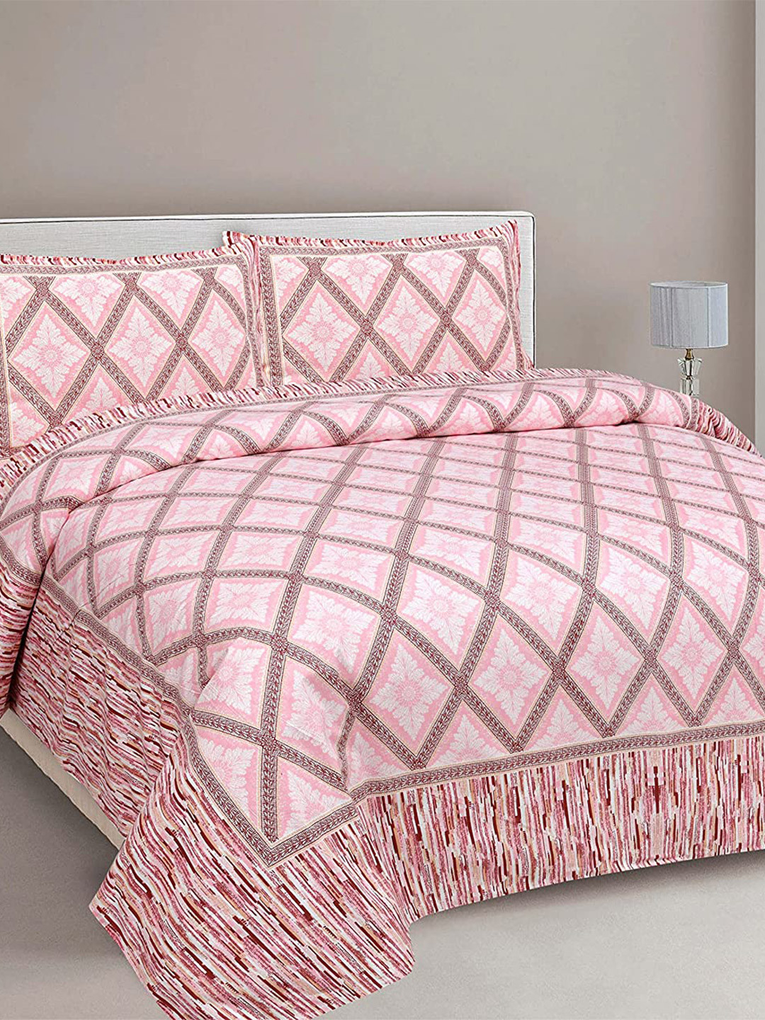 EasyGoods Traditional Pink Ethnic Motifs Cotton 240 TC King Fine Bedsheet with 2 Pillow Covers-108 x 108 inches