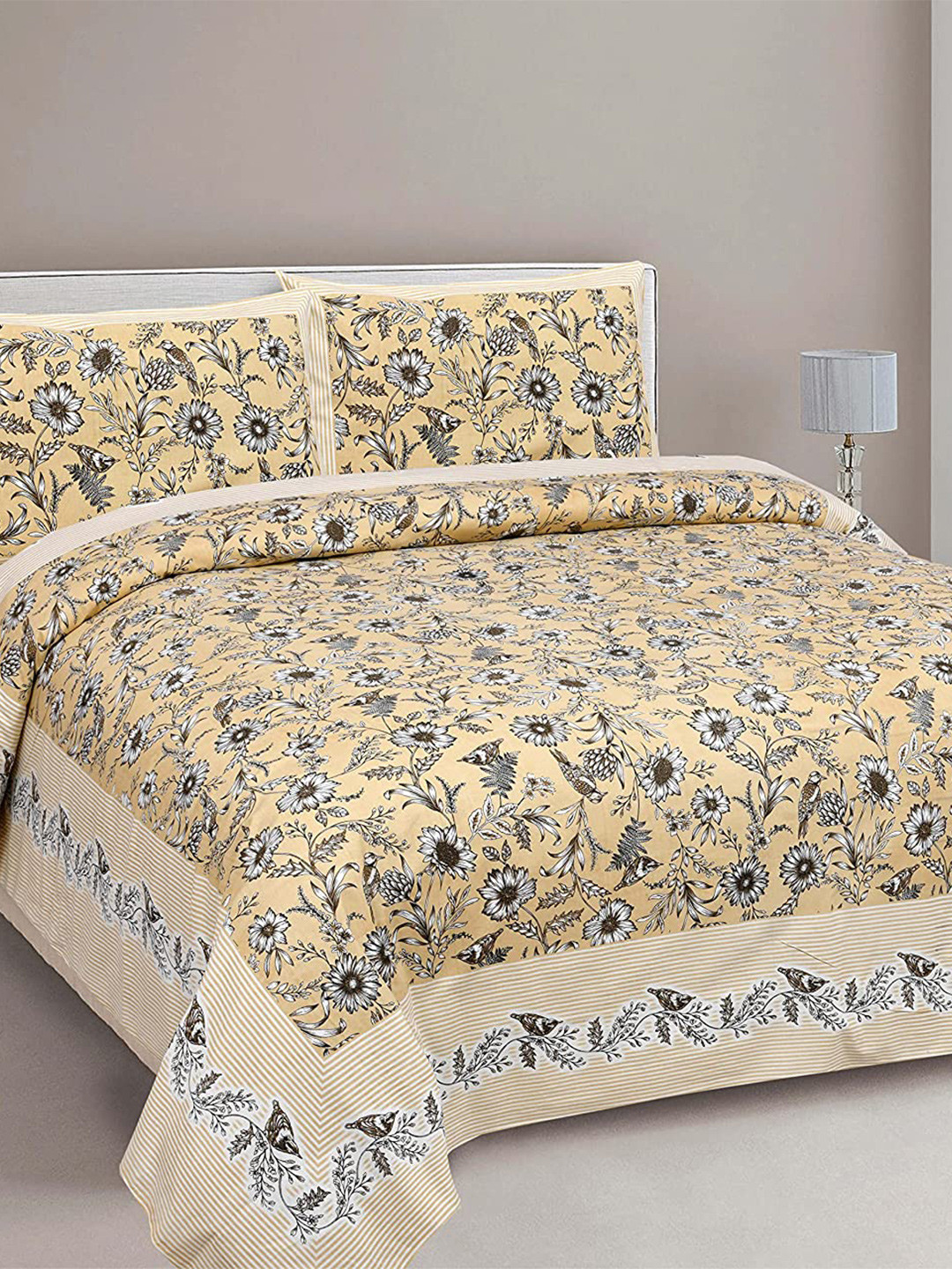 EasyGoods Artisan Collection Beige Floral Cotton 240 TC King Fine Bedsheet with 2 Pillow Covers-108 x 108 inches