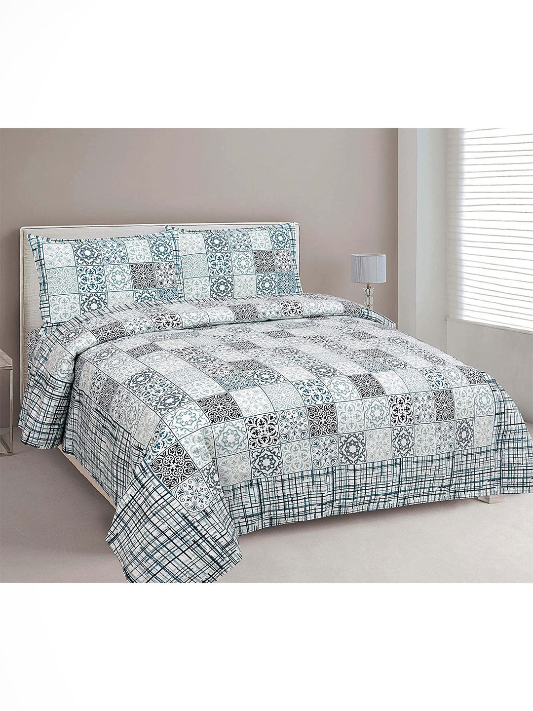 EasyGoods Traditional White Ethnic Motifs Cotton 240 TC King Fine Bedsheet with 2 Pillow Covers-108 x 108 inches