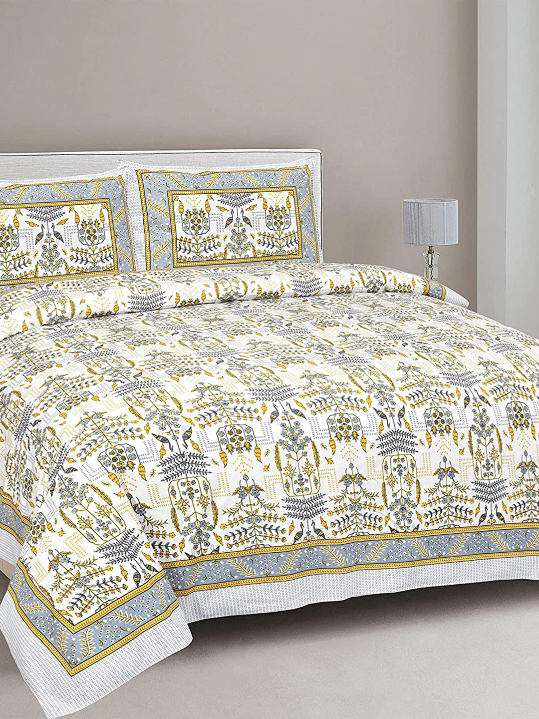 EasyGoods Traditional White Ethnic Motifs Pure Cotton 240 TC King Fine Bedsheet with 2 Pillow Covers-108 x 108 inches