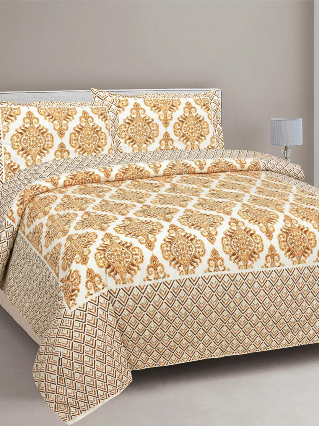 EasyGoods Traditional Brown Ethnic Motifs Cotton 240 TC King Fine Bedsheet with 2 Pillow Covers-108 x 108 inches