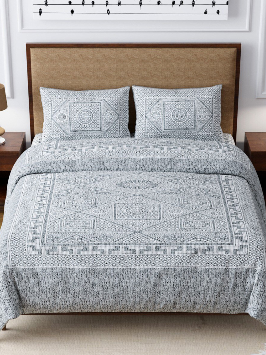 EasyGoods Traditional Grey Geometric Pure Cotton 240 TC King Fine Bedsheet with 2 Pillow Covers-108 x 108 inches