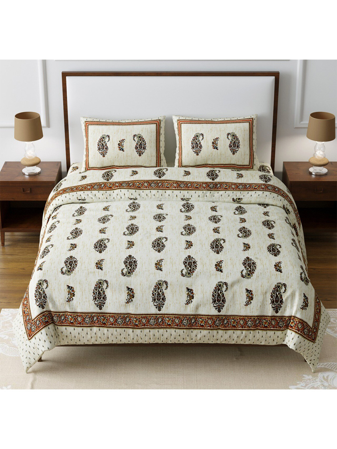 EasyGoods Traditional Beige Paisley Pure Cotton 240 TC King Fine Bedsheet with 2 Pillow Covers-108 x 108 inches